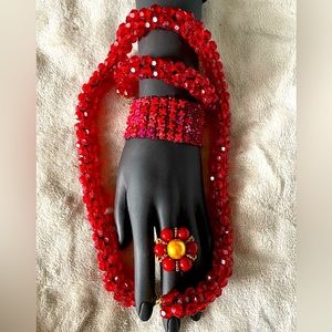 Holiday Red Crystal Lucite Hand Beaded Jewelry Accessory Necklace Bracelets Ring